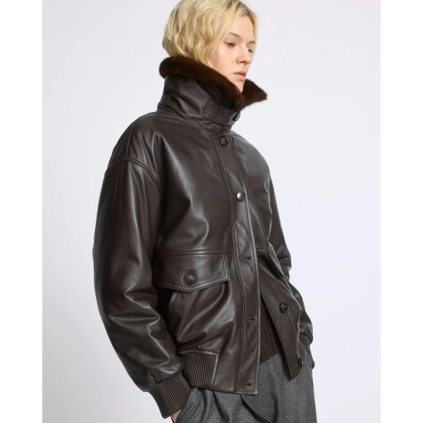 Yves Salomon Short Lambskin Leather Jacket with Detachable Mink Fur Collar in Brown | Leather Jackets | Luxury Shoes 