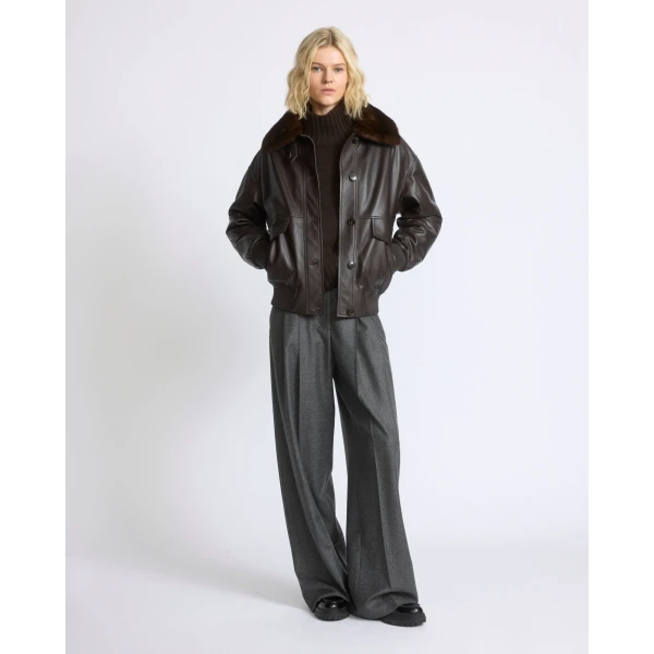 Yves Salomon Short Lambskin Leather Jacket with Detachable Mink Fur Collar in Brown | Leather Jackets | Luxury Shoes 