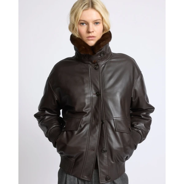 Yves Salomon Short Lambskin Leather Jacket with Detachable Mink Fur Collar in Brown | Leather Jackets | Luxury Shoes 
