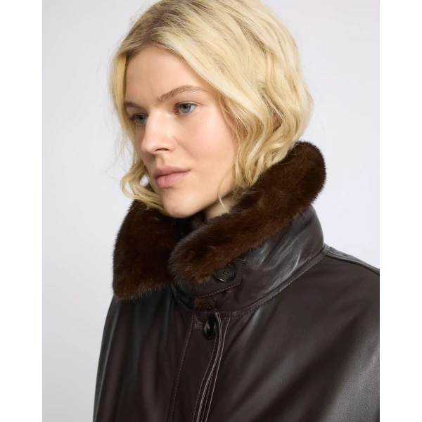 Yves Salomon Short Lambskin Leather Jacket with Detachable Mink Fur Collar in Brown | Leather Jackets | Luxury Shoes 