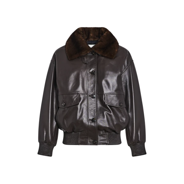 Short Lambskin Leather Jacket with Detachable Mink Fur Collar in Brown