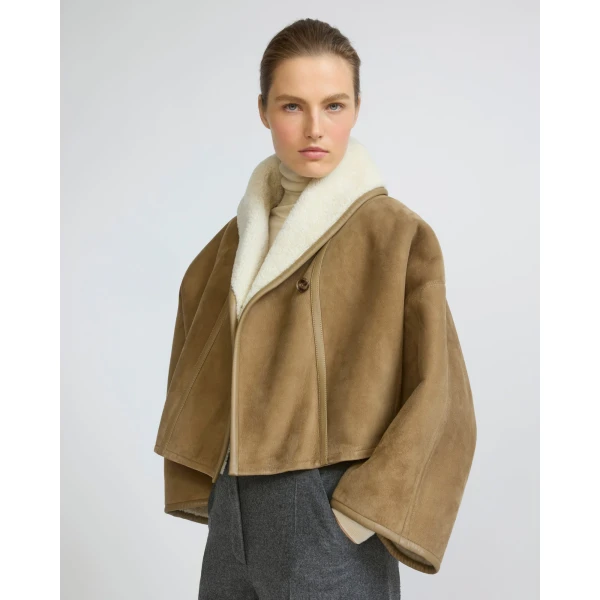 Yves Salomon Short Lambskin Shearling Cape in Camel | Shearling Coat | Luxury Shoes 