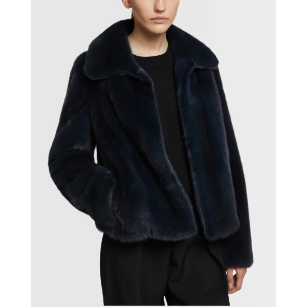 Yves Salomon Short Long-Haired Mink Fur Jacket in Blue | Mink Jacket | Luxury Shoes 