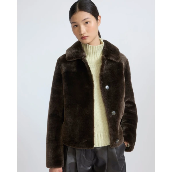 Yves Salomon Short Merino Lambskin Shearling Jacket in Brown | Shearling Jackets | Luxury Shoes 