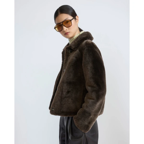 Yves Salomon Short Merino Lambskin Shearling Jacket in Brown | Shearling Jackets | Luxury Shoes 