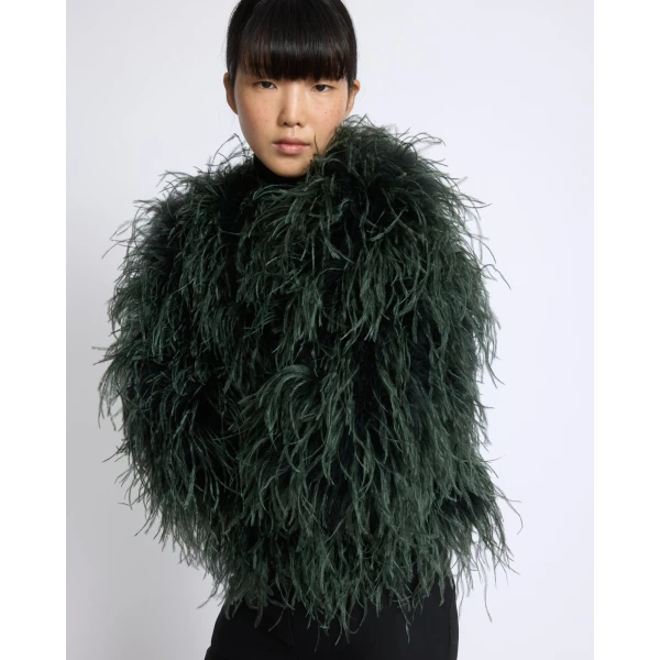 Yves Salomon Short Ostrich Feather Jacket in Dark Teal | Jackets | Luxury Shoes 
