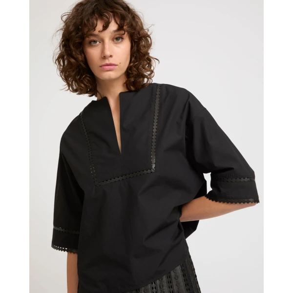 Yves Salomon Short Sleeve Poplin Blouse with Leather Details in Black | Blouse | Luxury Shoes 