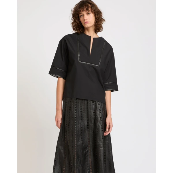 Yves Salomon Short Sleeve Poplin Blouse with Leather Details in Black | Blouse | Luxury Shoes 