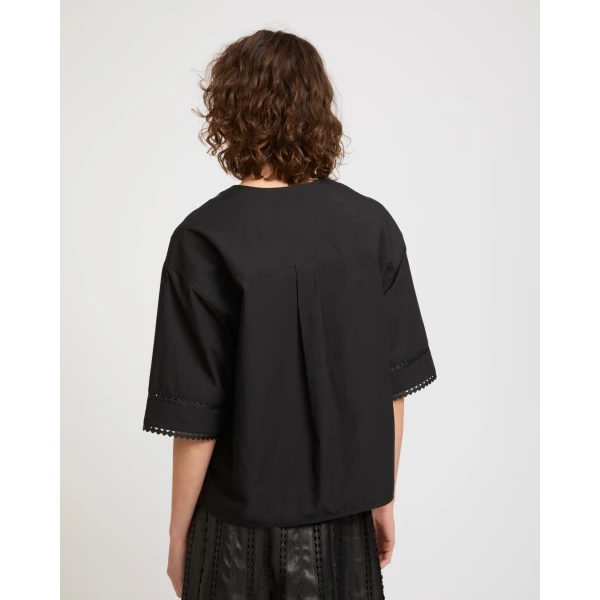 Yves Salomon Short Sleeve Poplin Blouse with Leather Details in Black | Blouse | Luxury Shoes 
