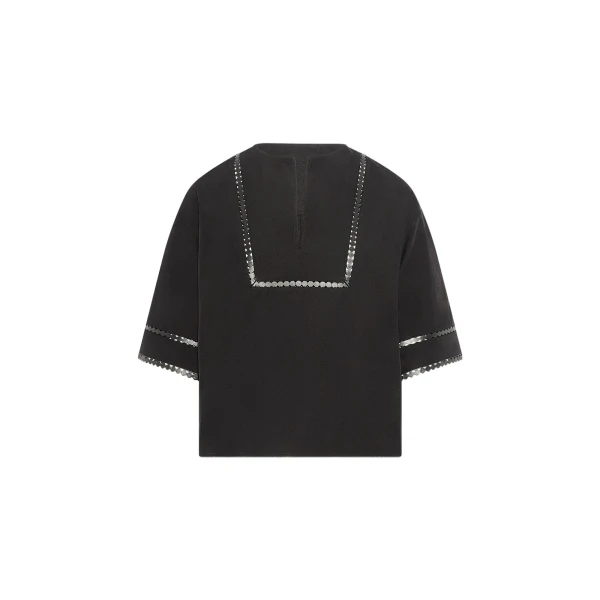 Short Sleeve Poplin Blouse with Leather Details in Black