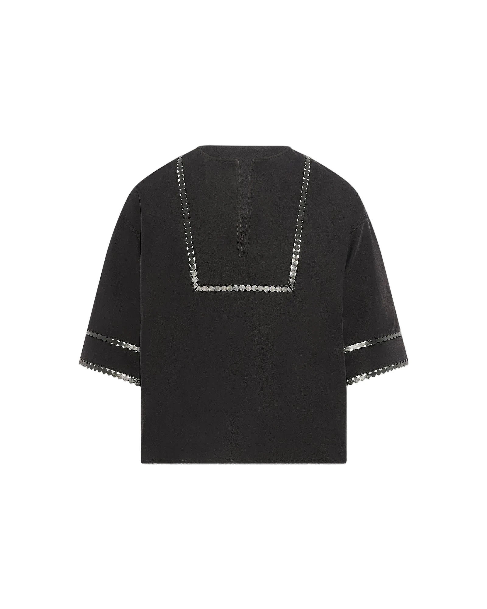 Yves Salomon Short Sleeve Poplin Blouse with Leather Details in Black Yves Salomon Short Sleeve Poplin Blouse with Leather Details in Black | Blouse | Luxury Shoes