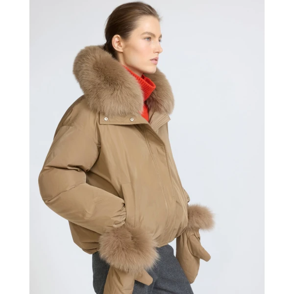 Yves Salomon Short Technical Down Jacket with Detachable Fox Fur Collar in Camel | Jackets | Luxury Shoes 