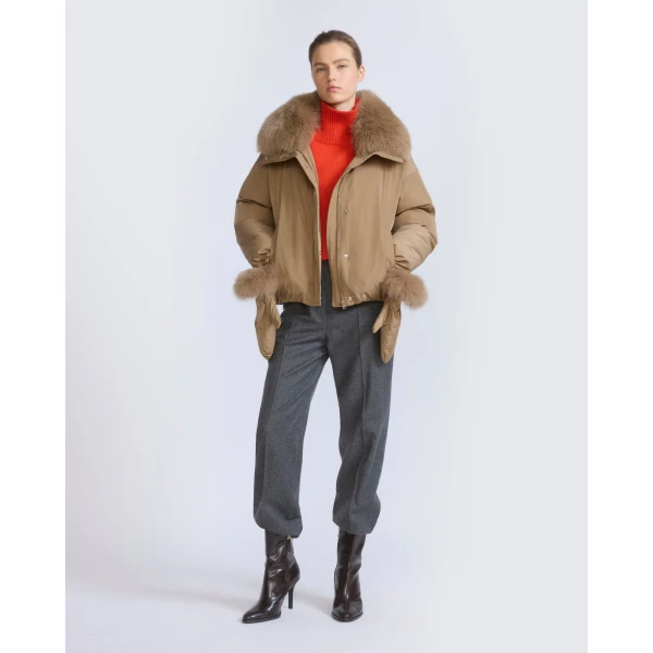 Yves Salomon Short Technical Down Jacket with Detachable Fox Fur Collar in Camel | Jackets | Luxury Shoes 