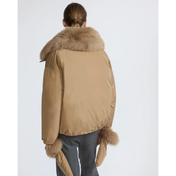 Yves Salomon Short Technical Down Jacket with Detachable Fox Fur Collar in Camel | Jackets | Luxury Shoes 