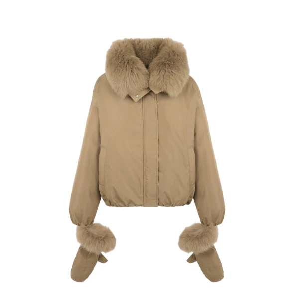Yves Salomon Short Technical Down Jacket with Detachable Fox Fur Collar in Camel | Women | Luxury Shoes 