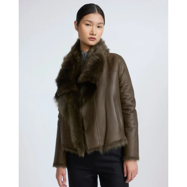 Yves Salomon Short Toscana Lambskin Jacket in Khaki Green | Shearling Jackets | Luxury Shoes 