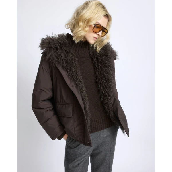 Yves Salomon Short Ultra-Light Down Jacket with Curly Lambskin Trim in Brown | Jackets | Luxury Shoes 
