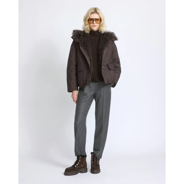 Yves Salomon Short Ultra-Light Down Jacket with Curly Lambskin Trim in Brown | Jackets | Luxury Shoes 
