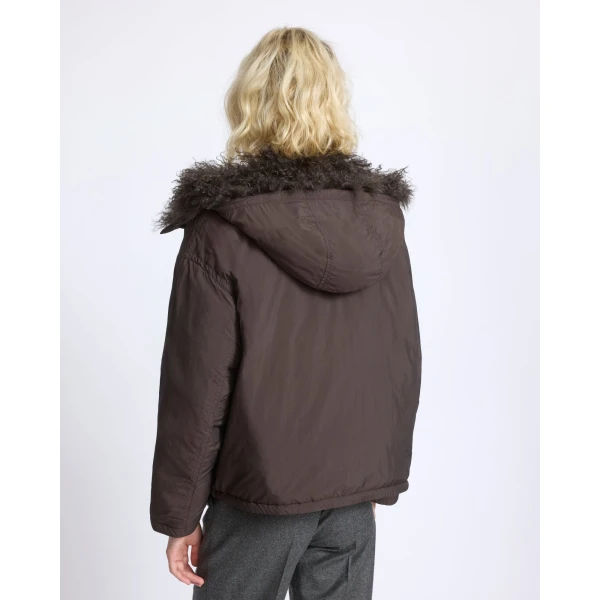 Yves Salomon Short Ultra-Light Down Jacket with Curly Lambskin Trim in Brown | Jackets | Luxury Shoes 