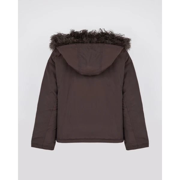 Yves Salomon Short Ultra-Light Down Jacket with Curly Lambskin Trim in Brown | Jackets | Luxury Shoes 
