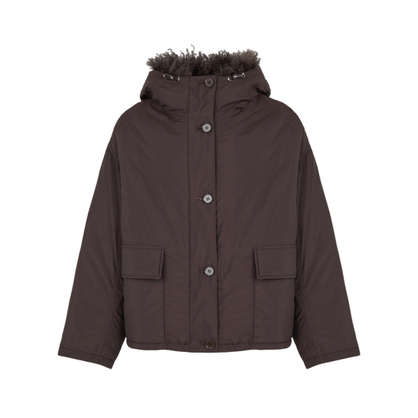 Yves Salomon Short Ultra-Light Down Jacket with Curly Lambskin Trim in Brown | Jackets | Luxury Shoes 