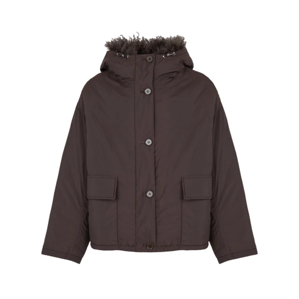 Short Ultra-Light Down Jacket with Curly Lambskin Trim in Brown