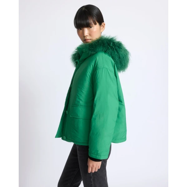 Yves Salomon Short Ultra-Light Down Jacket with Curly Lambskin Trim in Green | Jackets | Luxury Shoes 