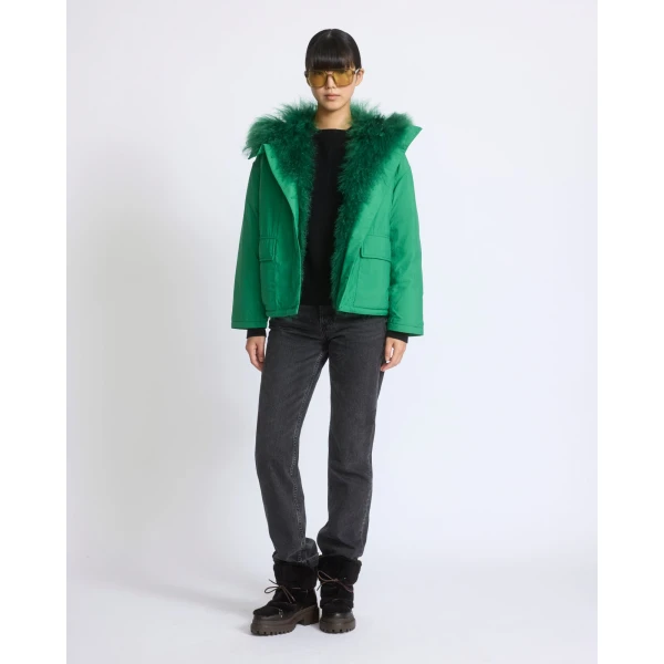Yves Salomon Short Ultra-Light Down Jacket with Curly Lambskin Trim in Green | Jackets | Luxury Shoes 