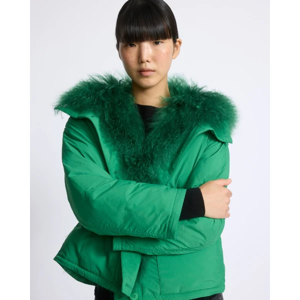 Yves Salomon Short Ultra-Light Down Jacket with Curly Lambskin Trim in Green | Jackets | Luxury Shoes 
