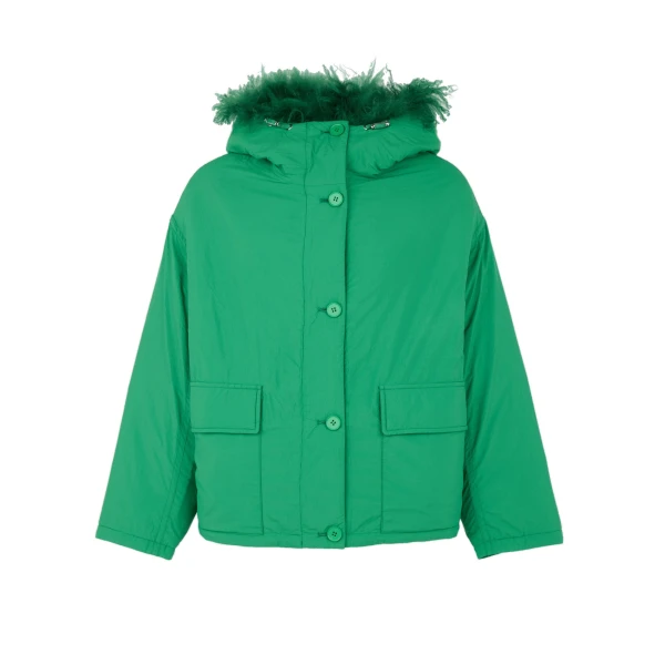 Yves Salomon Short Ultra-Light Down Jacket with Curly Lambskin Trim in Green | Jackets | Luxury Shoes 