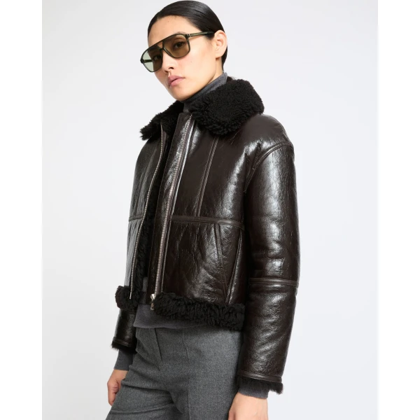 Yves Salomon Short Varnished Merinillo Lambskin Shearling Jacket in Brown | Shearling Jackets | Luxury Shoes 