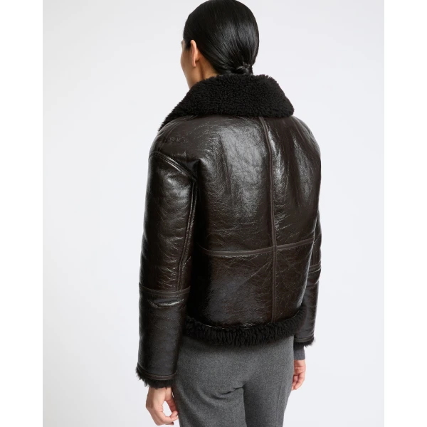 Yves Salomon Short Varnished Merinillo Lambskin Shearling Jacket in Brown | Shearling Jackets | Luxury Shoes 