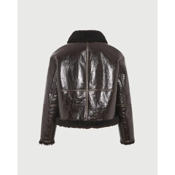 Yves Salomon Short Varnished Merinillo Lambskin Shearling Jacket in Brown | Shearling Jackets | Luxury Shoes 