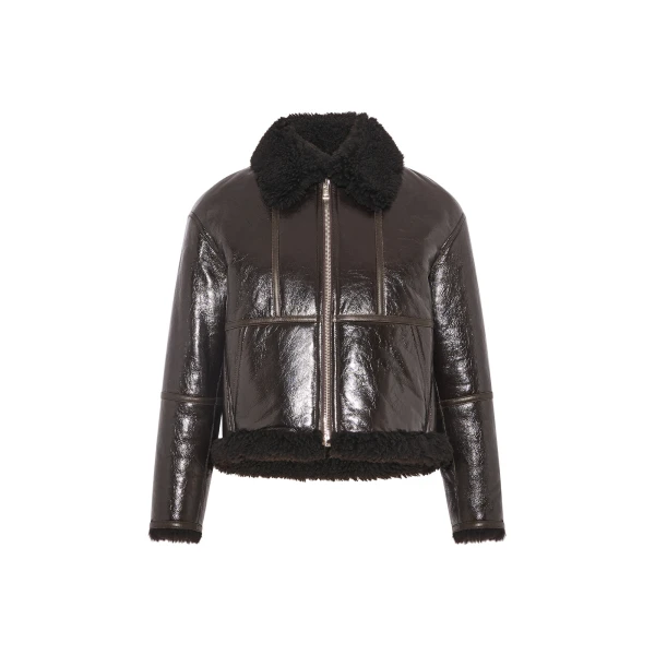 Short Varnished Merinillo Lambskin Shearling Jacket in Brown
