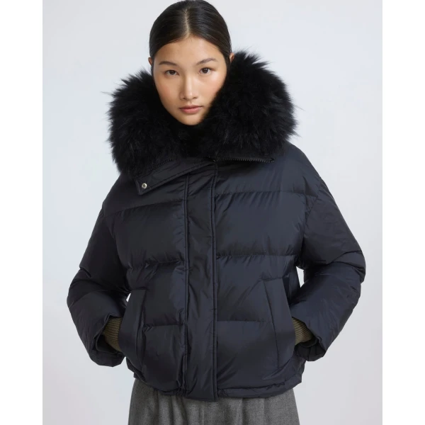 Yves Salomon Short Waterproof Down Jacket with Airy Lambswool Trim in Black | Jackets | Luxury Shoes 