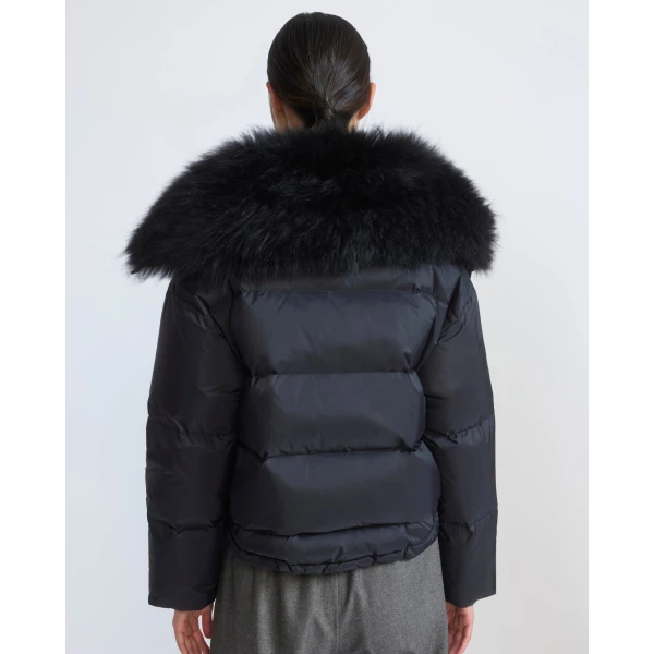 Yves Salomon Short Waterproof Down Jacket with Airy Lambswool Trim in Black | Jackets | Luxury Shoes 