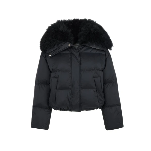 Yves Salomon Short Waterproof Down Jacket with Airy Lambswool Trim in Black | Jackets | Luxury Shoes 