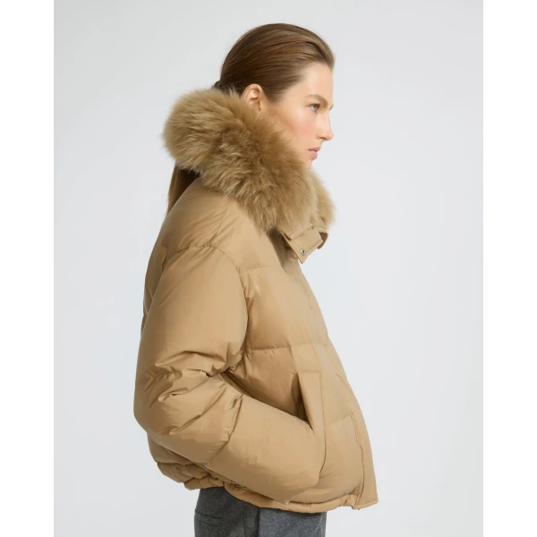 Yves Salomon Short Waterproof Down Jacket with Airy Lambswool Trim in Camel | Jackets | Luxury Shoes 