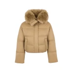 Yves Salomon Short Waterproof Down Jacket with Airy Lambswool Trim in Camel | Jackets | Luxury Shoes 