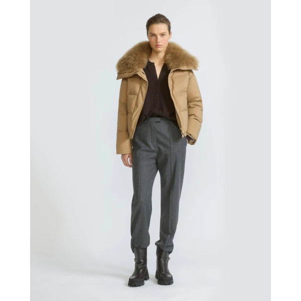 Yves Salomon Short Waterproof Down Jacket with Airy Lambswool Trim in Camel | Jackets | Luxury Shoes 
