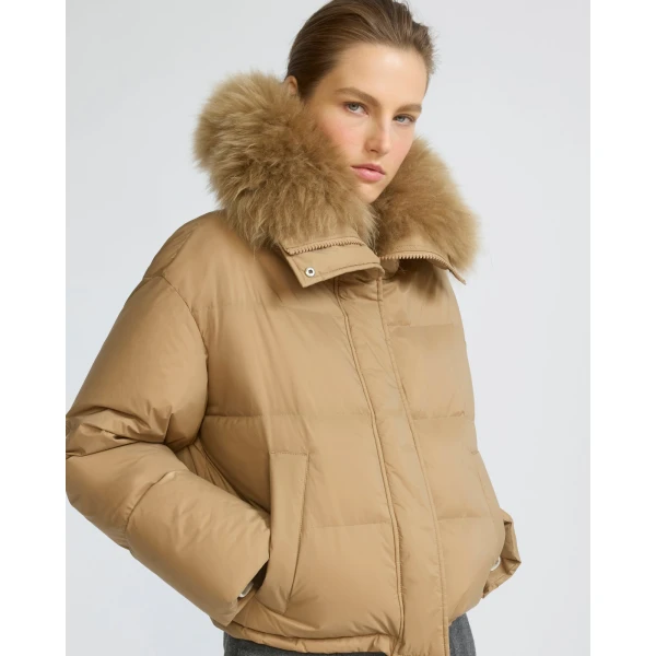 Yves Salomon Short Waterproof Down Jacket with Airy Lambswool Trim in Camel | Jackets | Luxury Shoes 