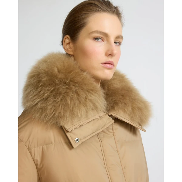Yves Salomon Short Waterproof Down Jacket with Airy Lambswool Trim in Camel | Jackets | Luxury Shoes 