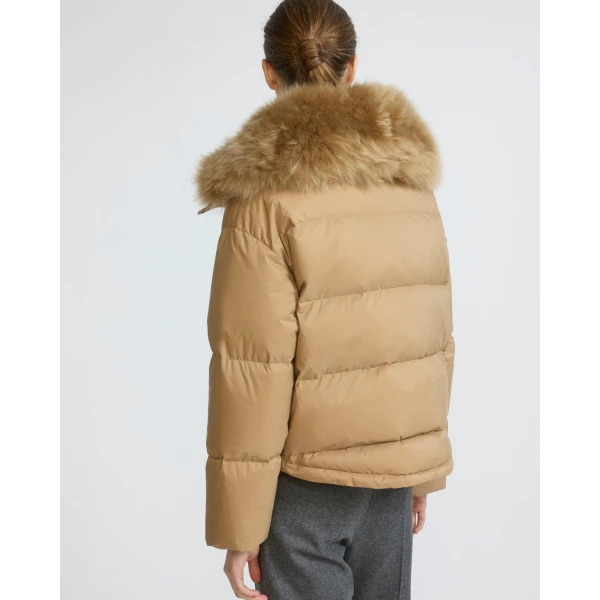 Yves Salomon Short Waterproof Down Jacket with Airy Lambswool Trim in Camel | Jackets | Luxury Shoes 