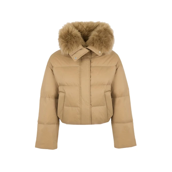 Yves Salomon Short Waterproof Down Jacket with Airy Lambswool Trim in Camel | Jackets | Luxury Shoes 