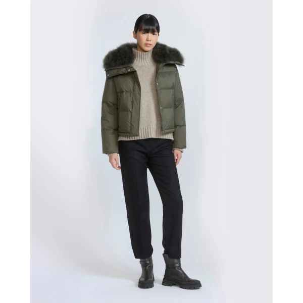Yves Salomon Short Waterproof Down Jacket with Airy Lambswool Trim in Khaki | Jackets | Luxury Shoes 