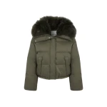 Yves Salomon Short Waterproof Down Jacket with Airy Lambswool Trim in Khaki | Jackets | Luxury Shoes 