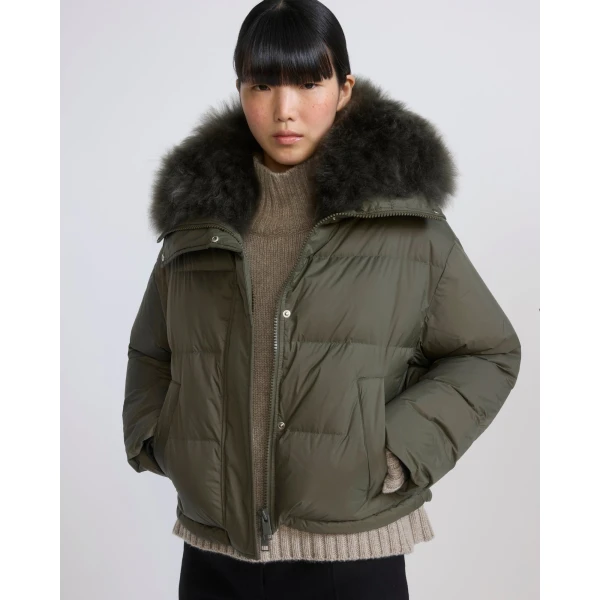 Yves Salomon Short Waterproof Down Jacket with Airy Lambswool Trim in Khaki | Jackets | Luxury Shoes 