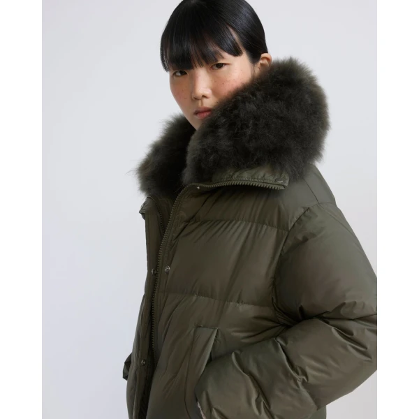 Yves Salomon Short Waterproof Down Jacket with Airy Lambswool Trim in Khaki | Jackets | Luxury Shoes 