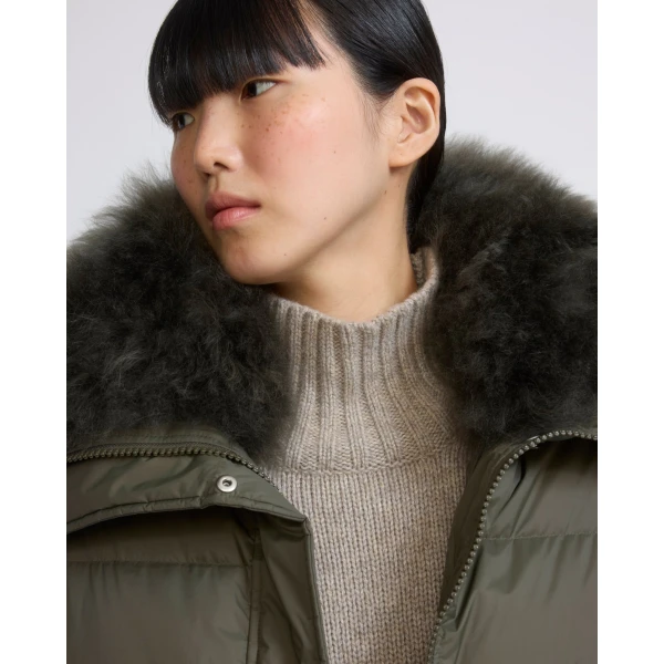 Yves Salomon Short Waterproof Down Jacket with Airy Lambswool Trim in Khaki | Jackets | Luxury Shoes 