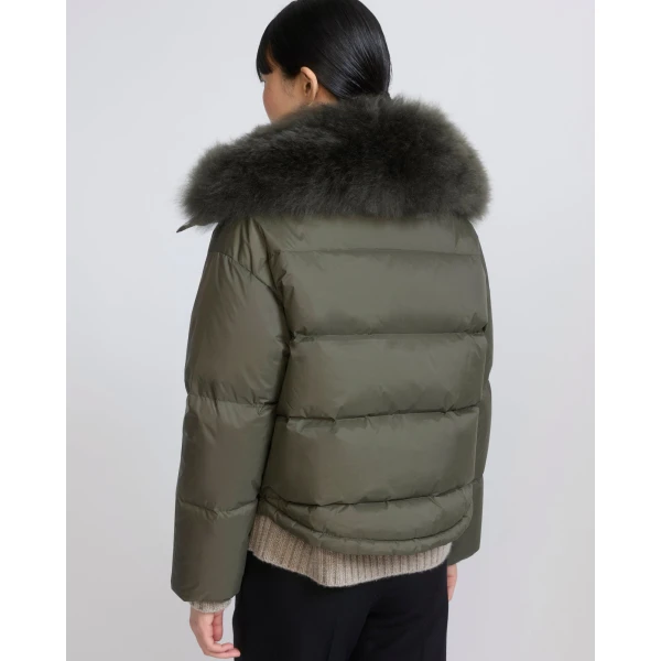 Yves Salomon Short Waterproof Down Jacket with Airy Lambswool Trim in Khaki | Jackets | Luxury Shoes 